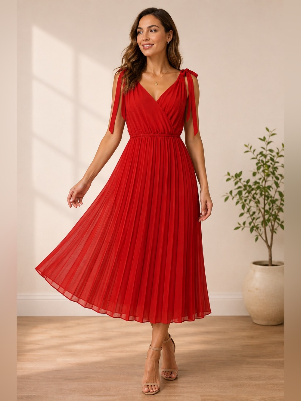 ALI & JAY Red Tie-Shoulder V-Neck Midi Dress